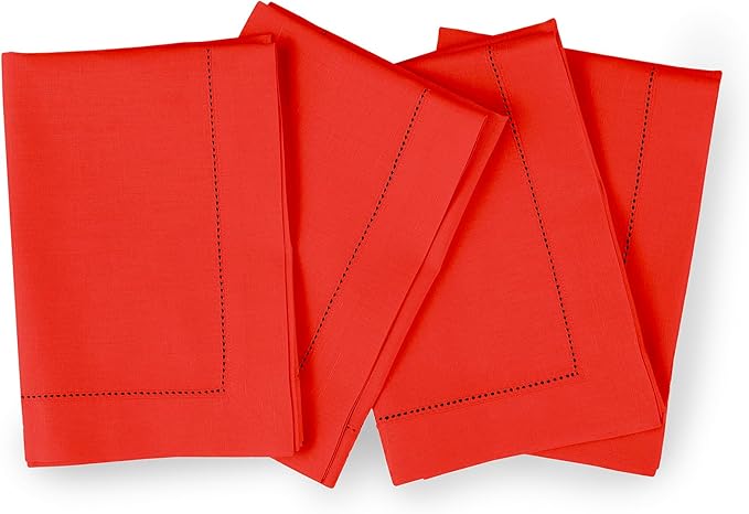 Solino Home Cotton Linen Napkins Set of 4 - Hemstitch Poppy Red Dinner Napkins Cloth 20 x 20 Inch for Mothers Day, Memorial Day - Handcrafted and Machine Washable