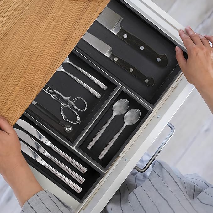 PRATIQUE Bamboo Drawer Organizer - Kitchen Utensil Organizer Silverware Tray Cutlery Holder，Office Desk Supplies and Accessories,5.9 * 3 * 2.6inch,Black