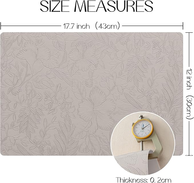 Romanstile Vinyl Placemats Set of 4-12 X 17 Inch - Heat Resistant Non-Slip Embossed Floral Place Mats 100% Waterproof Oilproof Wipeable Faux Leather Table Mats for Kitchen/Dining/Party, LightGrey