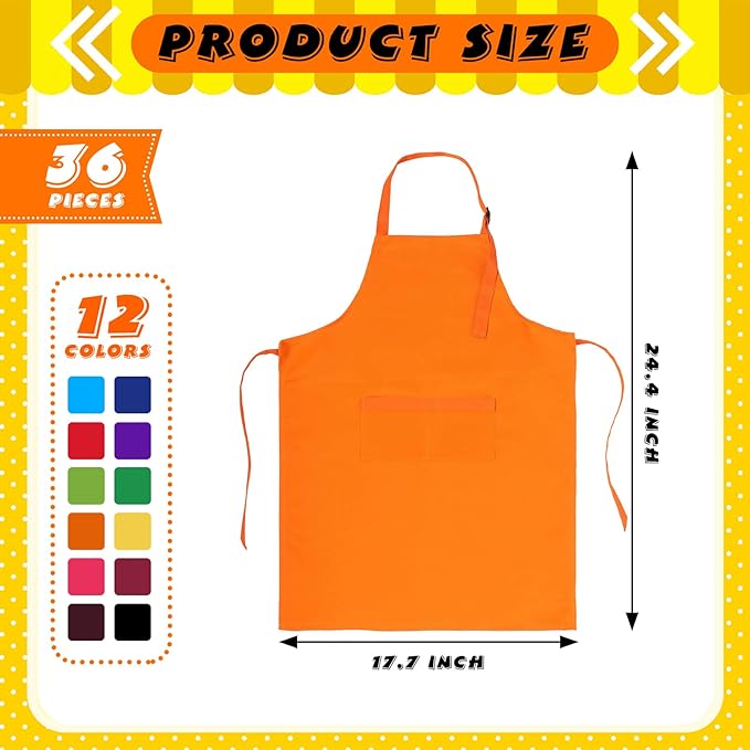 Handepo 36 Pcs 12 Colors Kids Aprons Bulk L for 7-13 Age Adjustable Children Chef Aprons with Pockets Kids Painting Apron for Cooking Baking Crafting Art Activity