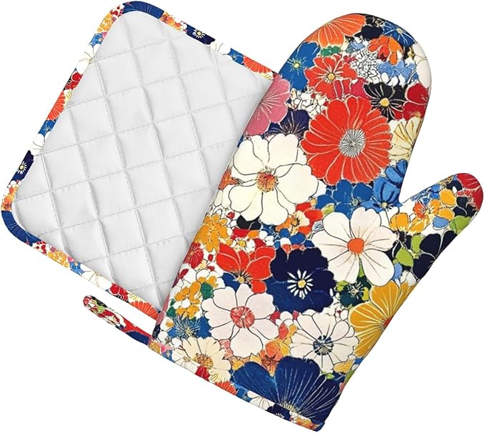 Oven Mitts and Pot Holders Colorful Flower Ethnic Art Silicone Kitchen Accessories Set of 2 Heat Resistant Long Gloves Potholder Non-Slip Grip for Chef Cooking,Baking,Grilling,BBQ