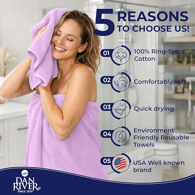 DAN RIVER 8 PC Luxury Bath Towels for Bathroom, 2 Bath, 2 Hand, and 4 Wash Cloths, 600 GSM 100% Ring Spun Cotton Towel Set, Highly Absorbent, Gym, Hotel, and Spa, Lavendar