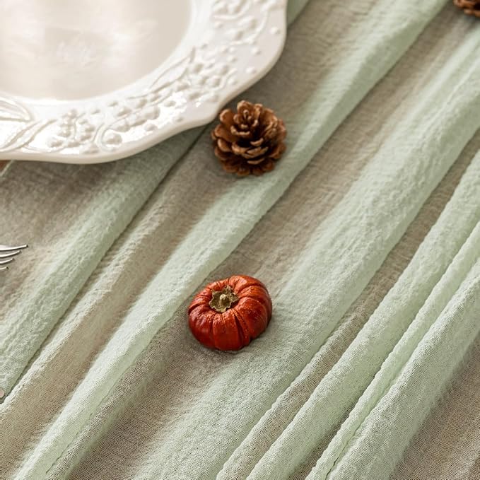 Keketoarrange 10pcs Sage Green Spring Easter Cheesecloth Table Runner 120 Inch 10 FT Rustic Boho Cheese Cloth Runner for Wedding Baby Shower Bridal Shower Sheer Gauze Centerpiece Home Decorations