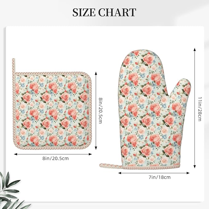 Oven Mitts and Pot Holders Rose Flower Vintage Botanical Silicone Kitchen Accessories Set of 2 Heat Resistant Long Gloves Potholder Non-Slip Grip for Chef Cooking,Baking,Grilling,BBQ