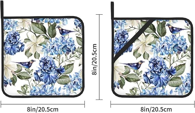 Blue Hydrangea Flowers Bird Pot Holder Set of 2,Heat Resistant Potholders Oven Hot Pads for Kitchen Cooking Baking BBQ