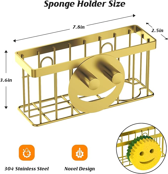 MURLONG Sponge Holder Smiley Face, Sink Caddy for kitchen Sink, Kitchen Organizer Sponge Holder with 2 PCS Suction Cups/1 PCS Adhesive Strips, Designed for Sponge, Soap, Dish brush, Scrubber-Gold