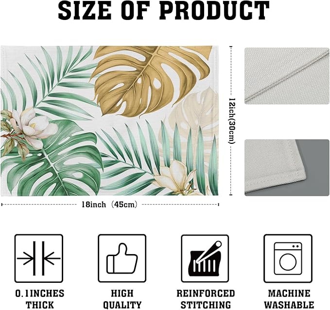 Giwawa 4PCs Tropical Palm Leaf Placemats Summer Green Brown Banana Leaves Decorative Linen Table Mat 12"x18" Hawaiian Monstera Flowers Heat Resistant Washable Place Mats for Kitchen Dining