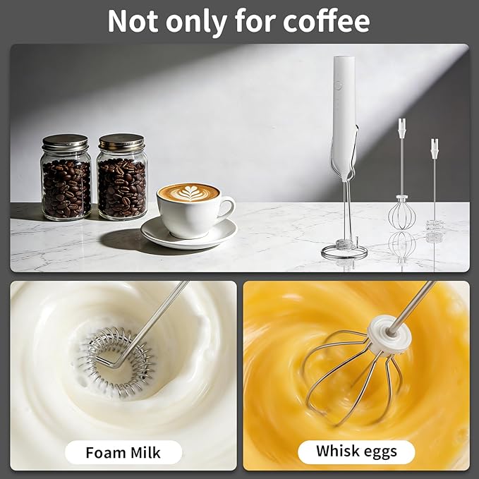 Milk Frother Handheld Rechargeable, Hand Frother with Stand, Drink Mixer Frother Wand Electric Whisk Stirrer for Coffee, Latte, Matcha, Cappuccino, Hot Chocolate, Kitchen Gifts - White