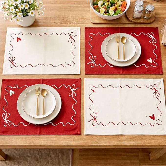 Folkulture Placemats Set of 4 (13 x 18) | 100% Cotton,Cute, Heat Resistant,Machine Washable Place Mats | Red & White Rectangular Cloth Table Placemats or Dining Table Mats for Dinner Party