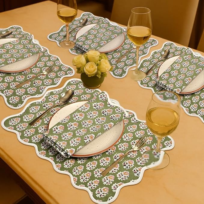 CPC Cotton Placemats Jade Green Set of 4-Hand Block Printed Reversible Placemats, Machine Washable, Flower Scalloped & Embroidered Cloth Table Mats - 14 x 20 inch