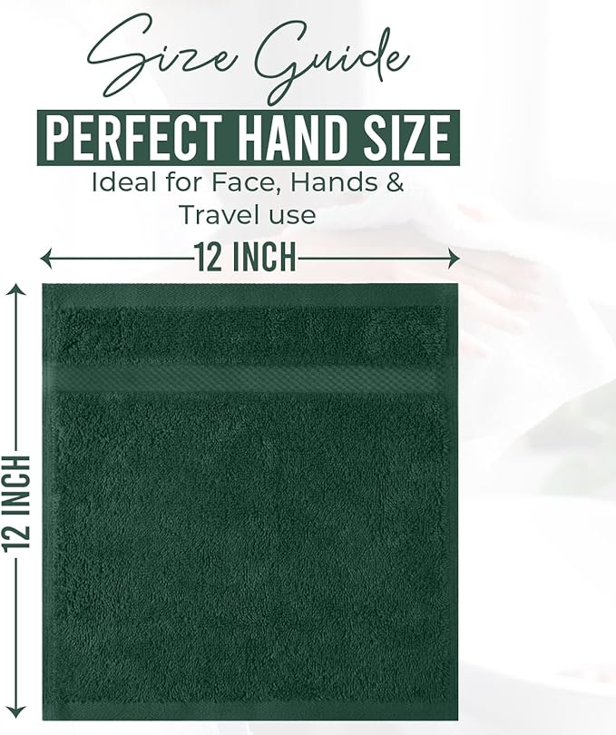 DAN RIVER 12-Pack Premium 100% Cotton Huntergreen Face Towels for Bathroom - Reusable Face Wash Cloths for Showering 12x12 Inches - 550 GSM Super Soft & Absorbent Luxury WashCloths for Body, Spa & Gym