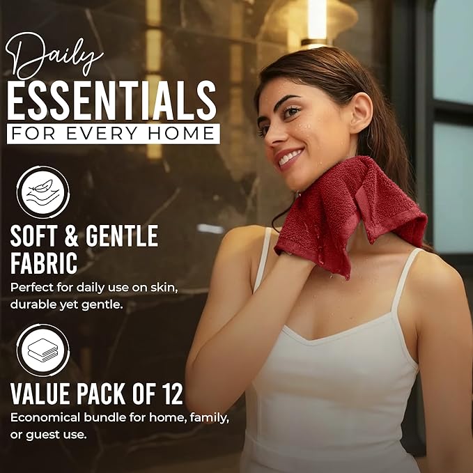 RIVERSIDE Pack of 12 Washcloths, 12 x 12 Inches, 100% Cotton, Premium Flannel Face Cloths, Highly Absorbent & Soft Feel Fingertip Towels (Classic Red, 12 Pack)