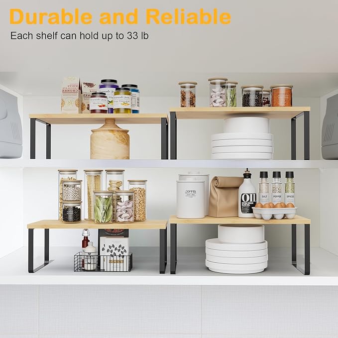 OGEMXU Cabinet Shelf Organizers, 15.7 inches Large Kitchen Counter Shelf, Set of 2 Wood Kitchen Pantry Organizer, Storage Shelves for Countertop, Spice Rack, Stackable, Expandable, Metal Black, Nature