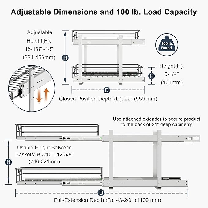 2 Tier Pull Out Cabinet Organizer - 23" W x 22" D Soft Close Slide Out Shelves with Shelf Liners - Pullout Drawers for Kitchen Cabinets, Pantry, Bathroom, Heavy Duty Steel Wire Baskets