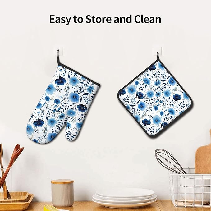 Blue Floral Oven Mitts and Pot Holders Sets of 3, Heat Resistant Cute Decorative Blue Flowers Kitchen Gloves and Hot Pad for Home Cooking Baking Grilling, Baking Gifts for Women, Holiday Kitchen Decor