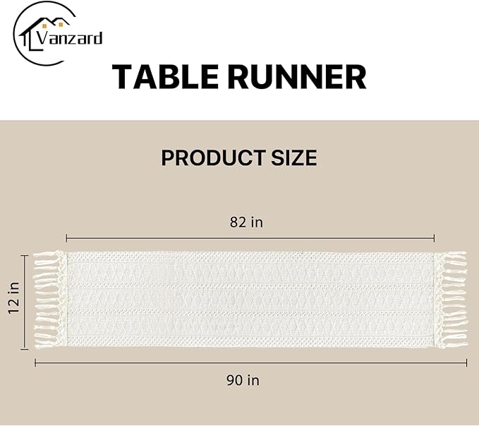 Macrame Table Runner Cream Beige Boho Table Runners with Tassels 90 Inches Long, Rustic Farmhouse Table Runners for Bohemian Kitchen Dining Table(12x90in, Fringe Included)