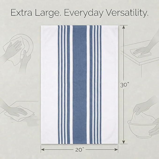 Urban Villa Kitchen Towels Blue White Striped 100% Cotton Set of 6, 20x30 Inch Oversized Dish Cloths, Highly Absorbent, Mitered Corners & Hanging Loop, Hand & Tea Towels, Dish Towels