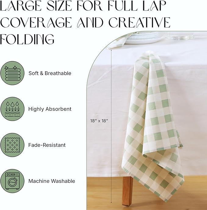 Cloth Napkins Set of 12, 100% Cotton Reusable Gingham Printed Dinner Napkins, 18x18 Inch Washable Table & Kitchen Napkins for Home, Dining, Entertaining – Sage Green & Ivory