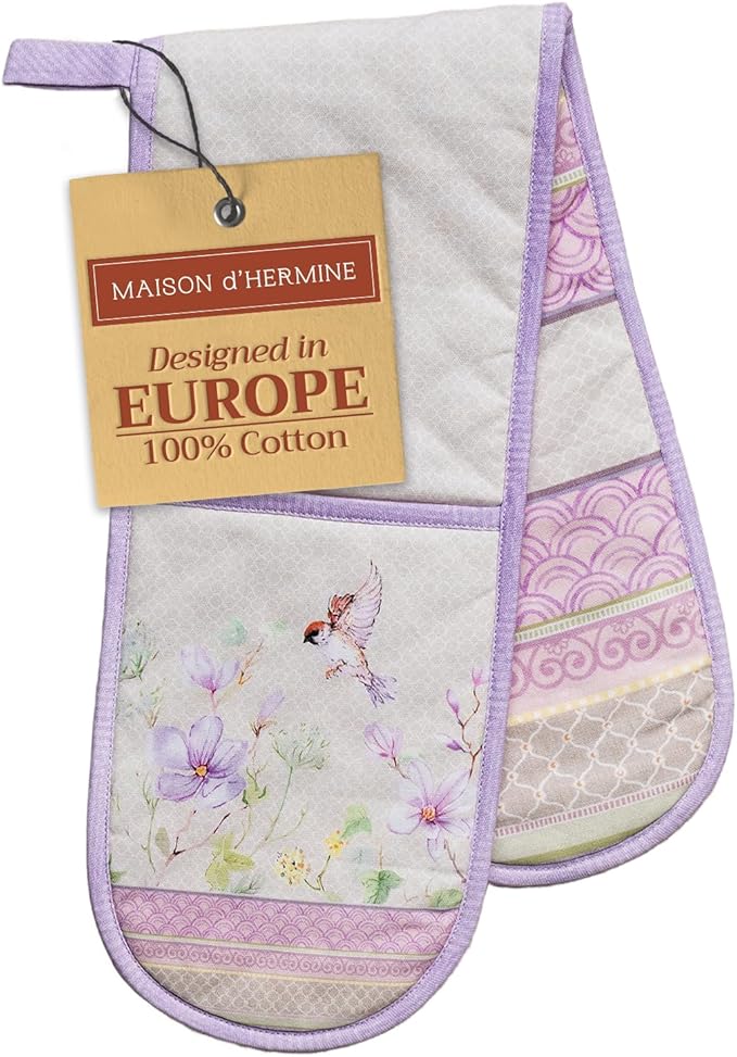 Maison d' Hermine Double Oven Mitts 100% Cotton 7"x35" Double Oven Mitt Heat Resistant BBQ Cooking Gloves with Loop Baking Grilling Gifts for Mothers Day Spring Summer (Magnolia Mornings)