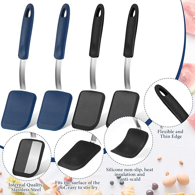 Gejoy 4 Pcs Silicone Cookie Spatula Turner Mini Brownie Spatula Flexible Silicone Spatulas Nonstick Cookware Heat Resistant No Scratch Flipper Baking Utensils for Egg Pancake(Blue, Gray)