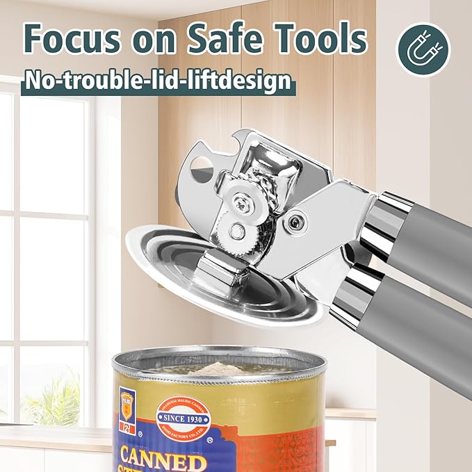 Multifunctional Heavy Duty Can Opener Manual Smooth Edge Can Opener and Bottle Openers with Magnet Durable Sharp Cutting Blade Comfortable Handle Big Effort-Saving Knob Kitchen Tool