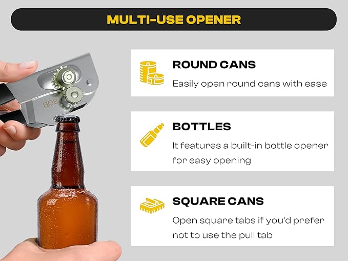 Heavy Duty Can Opener with Magnet – Commercial Can Opener Manual for Seniors, Hand Held, Sharp Blade, Smooth Edge – Folding Knob for Easy Storage, Built in Bottle Opener