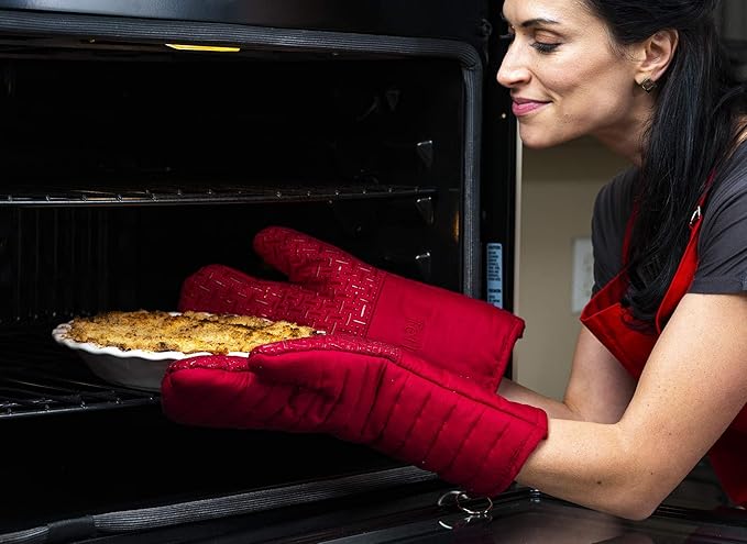 Xlnt Extra Long Oven Mitts (Red) | Teflon EcoElite Water Repellent | Heat Resistant for Oven Cooking, Grill & BBQ | Non Slip Gloves with Teflon EcoElite Finish, Cotton Lining & Hanging Loop