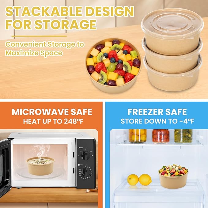 50 Count 34 oz Disposable Meal Prep Containers with Lids, Soup Serving Bowls Disposable Paper Bowls | Microwave-Safe | for Party, Takeout, Gatherings, Outdoor Meals