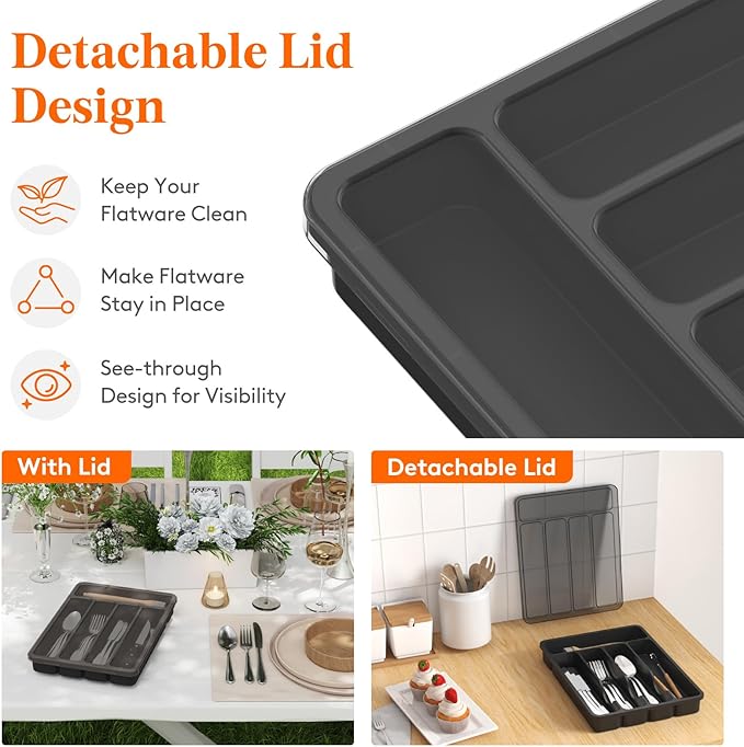 Lifewit Silverware Organizer with Lid, Covered Utensil Tray for Kitchen Drawer and Countertop, Plastic Cutlery and Flatware Storage Box for Spoons Forks Knives Holder Case, 23 x 32 cm, Black
