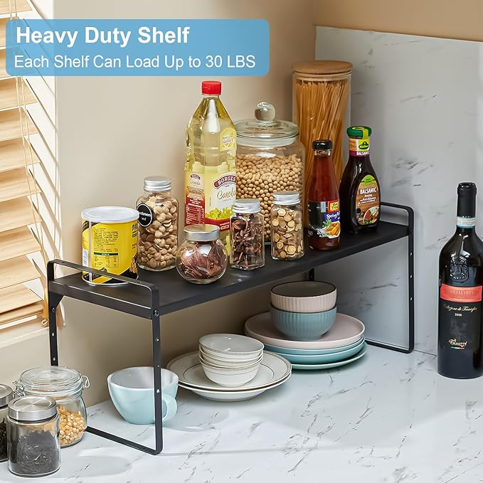 15.5 to 25.5 Inch Kitchen Cabinet Shelf Organizers, Adjustable Kitchen Counter Shelf Organizer, Set of 4 Expandable Countertop Storage Shelves, Stackable Design, 30LBS Heavy Duty, Space Saver