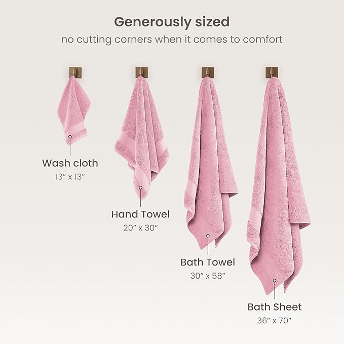 BIOWEAVES 100% Organic Cotton Bath Towel Set | 700 GSM Plush 6-Piece Premium Towel Set GOTS Certified, 2 Bath Towels, 2 Hand Towels & 2 Washcloths - Dusty Pink