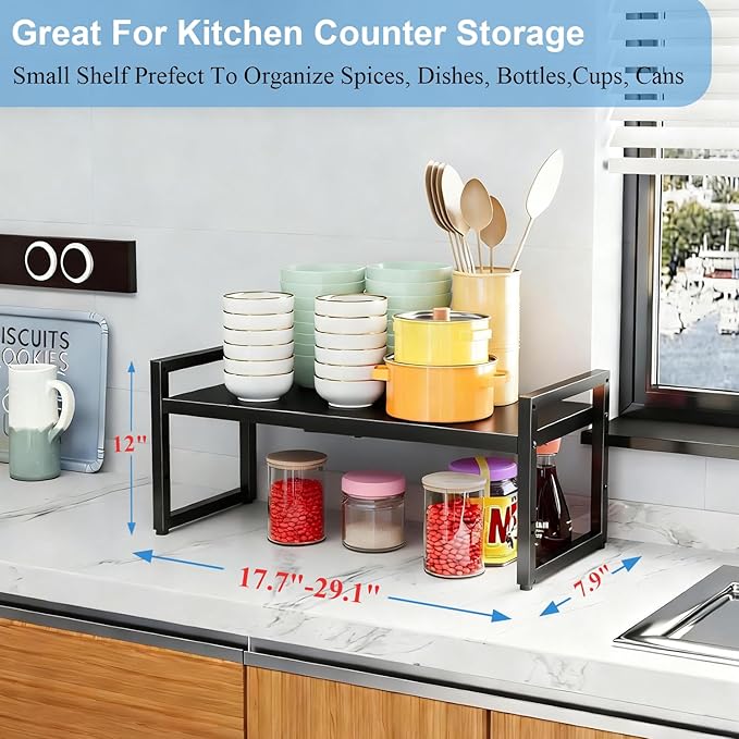 2 Pack Expandable Cabinet Countertop Shelves (Small + Large), Heavy Duty Metal Shelves Organizers For Kitchen Cabinet Countertop Storage, Adjustable Storage Shelf Organizer For Kitchen Cabinet Pantry
