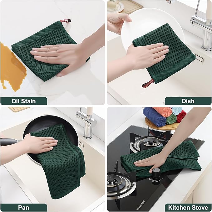 Homaxy 100% Cotton Kitchen Towels and Dishcloths Set, 12 x 12 Inches and 13 x 28 Inches, Set of 8 Bulk Kitchen Towels Set, Ultra Soft Absorbent Dish Cloths for Washing Dishes, Blackish Green