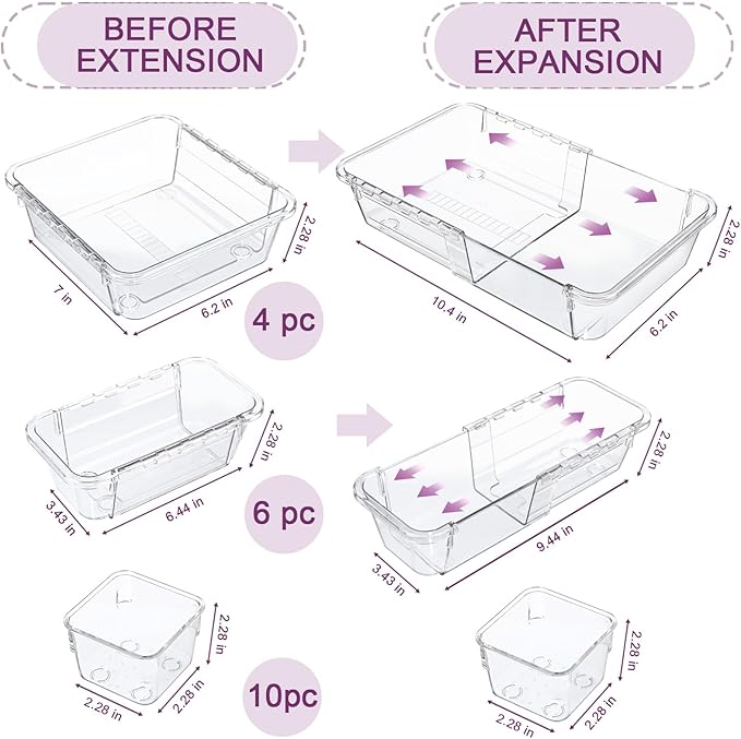 20 Pcs Clear Drawer Organizer, Adjustable Drawer Storage Box, 3-Size Desk Drawer Organizer, Acrylic Storage Bins for Makeup, Kitchen Utensils, Bedroom Dressers Tool Organizer for Gadgets