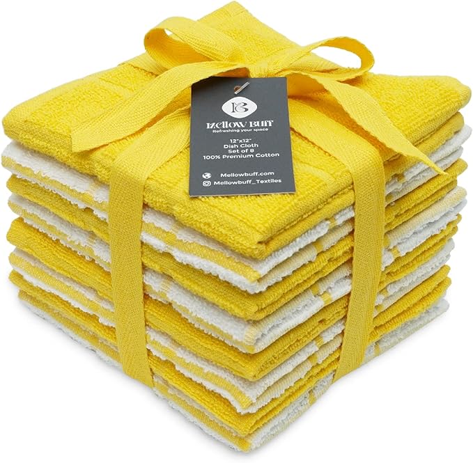 100% Cotton Terry Dish Cloth & Dish Towel, 8 Pack, Super Soft and Absorbent Kitchen Towels, Perfect for Kitchen Cleaning and Dish Washing (Yellow (Solid and Checks) 8 Pack)