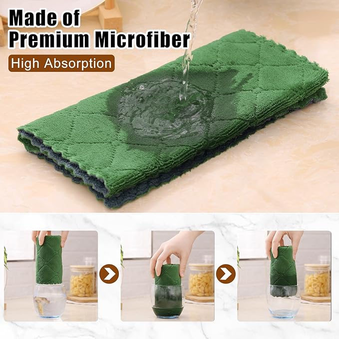 Mordimy 24 Pack Kitchen Towels (20" x 10", Dark Grey & Grass Green), Super Soft and Absorbent Dish Towels, Coral Velvet Microfiber Cleaning Cloth, Nonstick Oil Fast Dry Dish Cloths