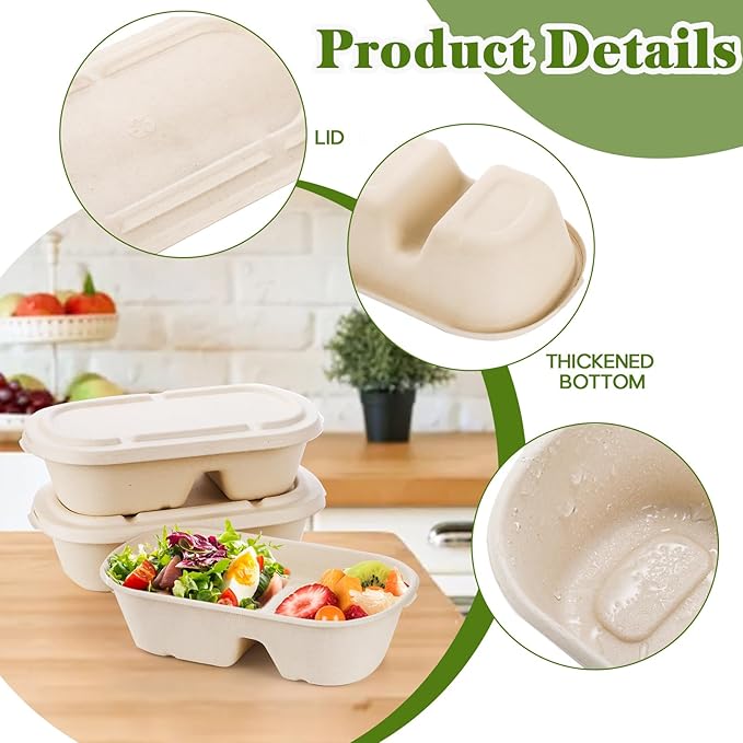 Yesland 50 Pcs Compostable Take Out Food Containers with Lid, 33 oz Bagasse to Go Container 2 Compartment Rectangular Disposable Paper Bowl, Eco-Friendly Meal Prep Food Container for Salad Leftovers