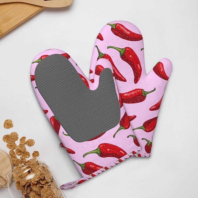 Peppers Silicone Oven Mitts Set of 2, Heat Resistant up to 500°F, Kitchen Oven Gloves with Non-Slip Grip and Soft Cotton Lining for Baking, Cooking and BBQ
