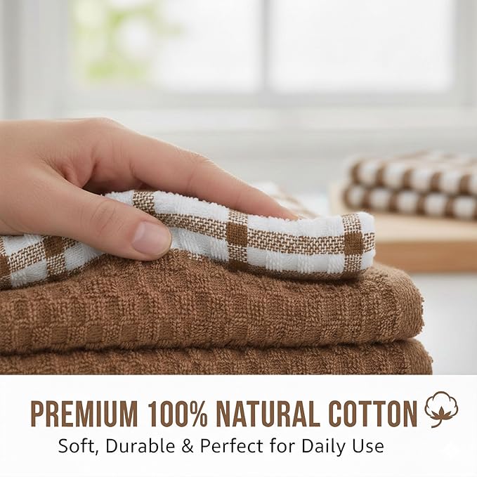 GOLD TEXTILES Kitchen Towels 144 Pack Premium 100% Cotton Dish Towels for Kitchen (15 x 25 Inches) Soft & Absorbent Kitchen Hand Towels for Drying Dishes, Cleaning - Reusable and Washable (Brown)