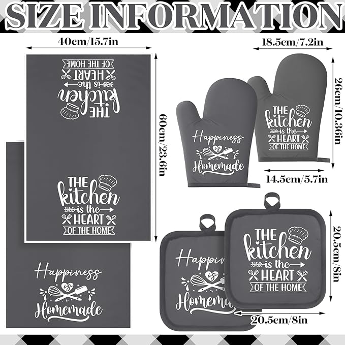 Sratte 6 Pcs Kitchen Decor Accessories Set Farmhouse Towels Pot Holders Oven Mitts Set 2 Dish Towels 2 Potholders 2 Cooking Mittens Oven Glove for Christmas Baking Cooking Supply(Dark Gray,Kitchen)