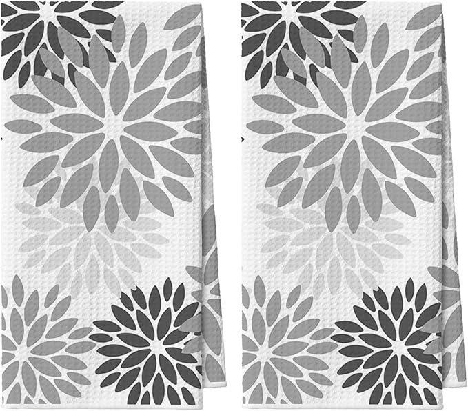 Artoid Mode Grey Dahlia Floral Bar Kitchen Towels, 12x24 Inch Quick Dry Microfiber Cloth Dish Towels for Kitchen Drying Set of 2