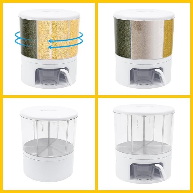 Cereal Dispenser, 6-grid 360° Rotating Grain Dispenser, Adjustable Compartment Size Clear Rice Dispenser, 11kg/24lbs Grain Storage Container, PET Round Granular Dry Food Dispenser, 11.61*13.19in White