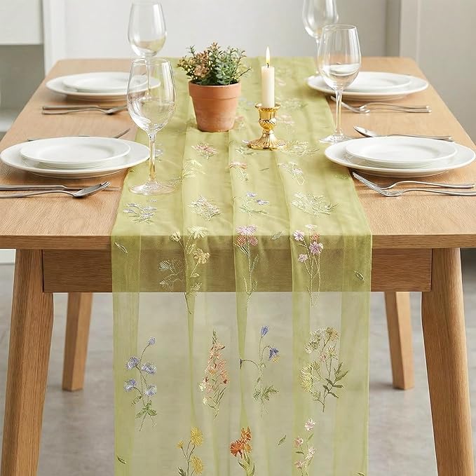 Artoid Mode Wildflower Floral Fern Green Gauze Embroidery Table Runner 120 Inch 10FT, Tulle Seasonal Spring Kitchen Dining Table Decor for Home Party