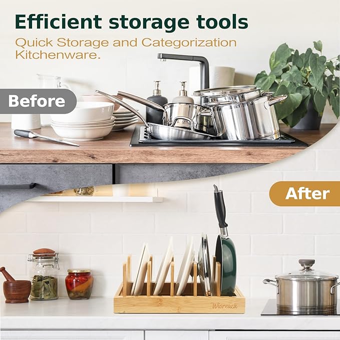 Wisreach Bamboo Pot Lid Organizer, Adjustable Kitchen Organizer for Cabinet, Expandable Pot and Pan Storage Rack, Kitchen Organization for Lids, Bakeware, and Cutting Boards