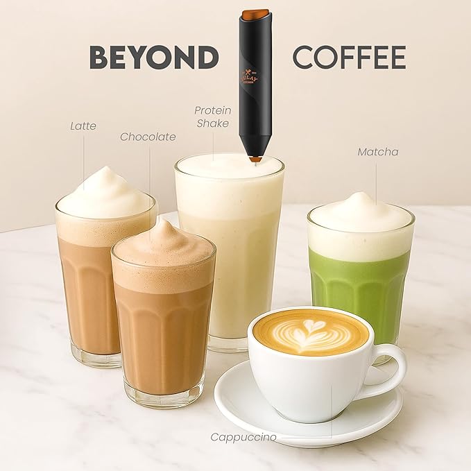 Zulay Kitchen Milk Frother Handheld Battery Operated – Electric Drink Mixer for Coffee, Lattes, Cappuccinos, Matcha & Hot Chocolate – Portable Foam Maker & Coffee Bar Accessory - Alpha Black Copper