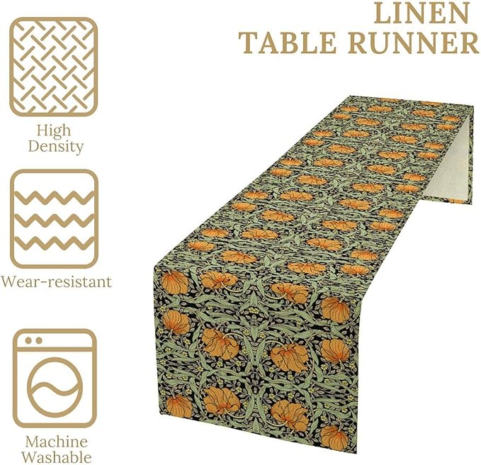 William Morris Vintage Floral Table Runner Farmhouse Sage Green Orange Art Printed Dinner Runner for Home Kitchen Dining Table Decor Fabric 1 Panel W13xL60in