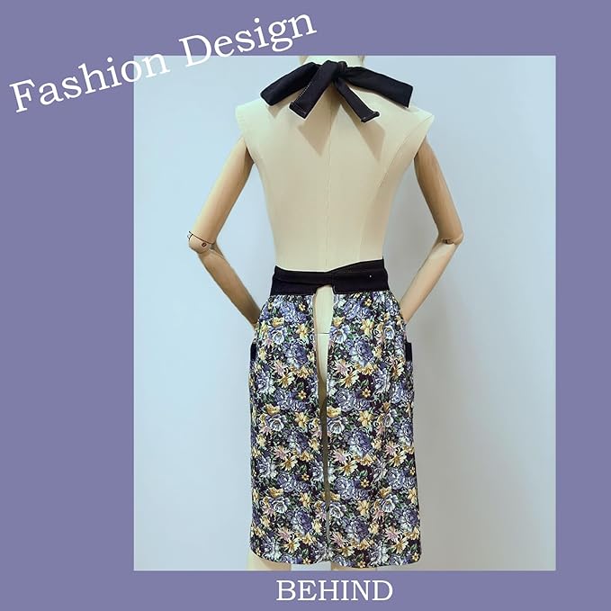 Cute Floral Aprons for Women with Pockets,Cotton Adjustable Neck Strap Apron for Kitchen Cooking Baking Gardening