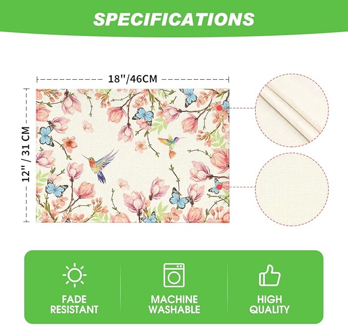 Artoid Mode Flowers Bird Butterfly Spring Placemats Set of 4, 12x18 Inch Seasonal Summer Table Mats for Party Kitchen Dining Decoration