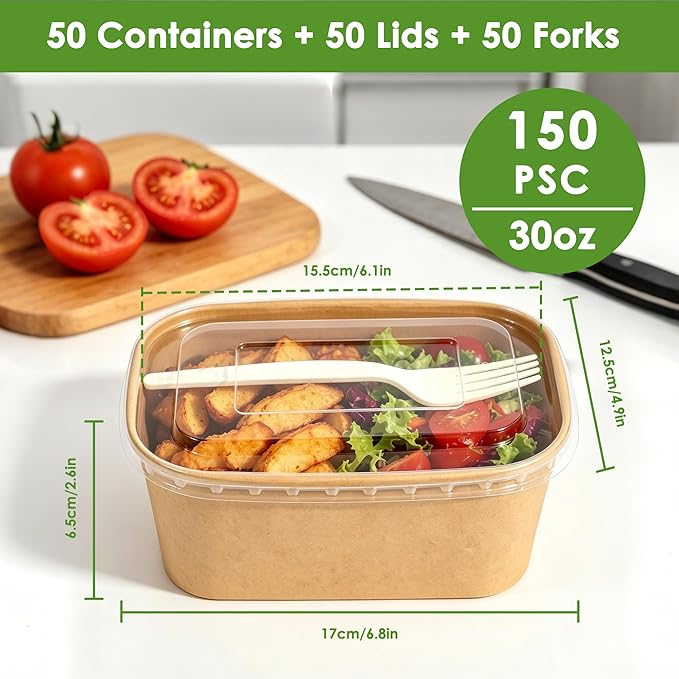 50-Pack 35oz Disposable Meal Prep Containers【with Lids and Forks】, Compostable Kraft Paper Bowls To Go Food Containers, Microwave & Freezer Safe for Hot & Cold Foods