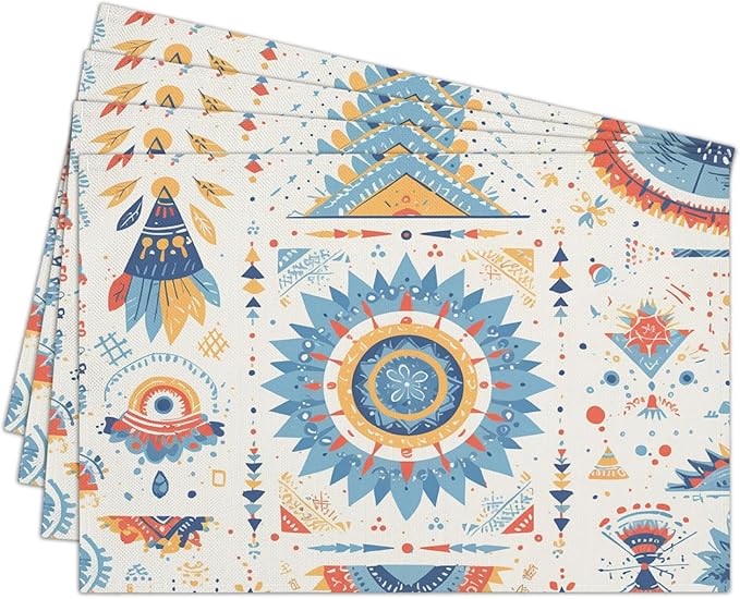 Cotton Linen Waterproof Placemats Set of 4, Bohemian Style Dining Mat Boho Table Mats Decor Fabric for Kitchen Dinner Coffee Shop Table, Indoor/Outdoor Washable Wipeable Placemat -N021